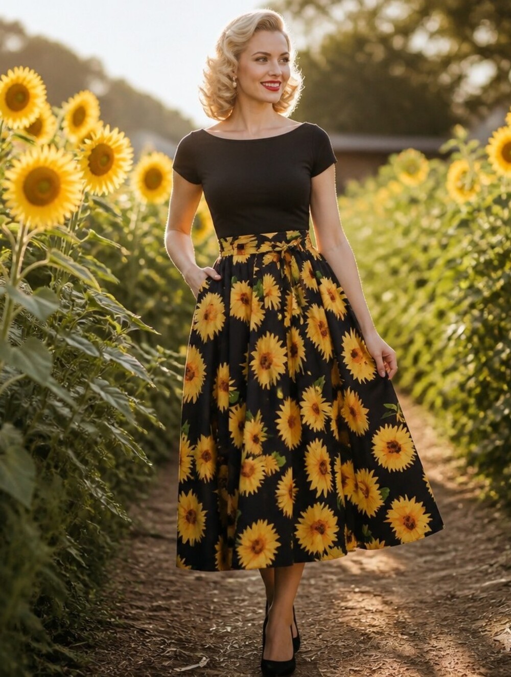 Her Destiny Black Midi Skirt with Yellow Sunflower Print